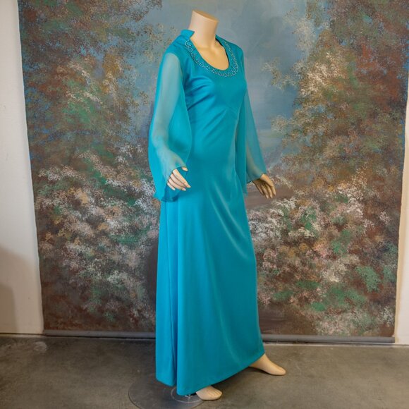 Vintage 70s ANGEL SLEEVE TURQUOISE Pearl Rhinestone Maxi Dress - Picture 11 of 12